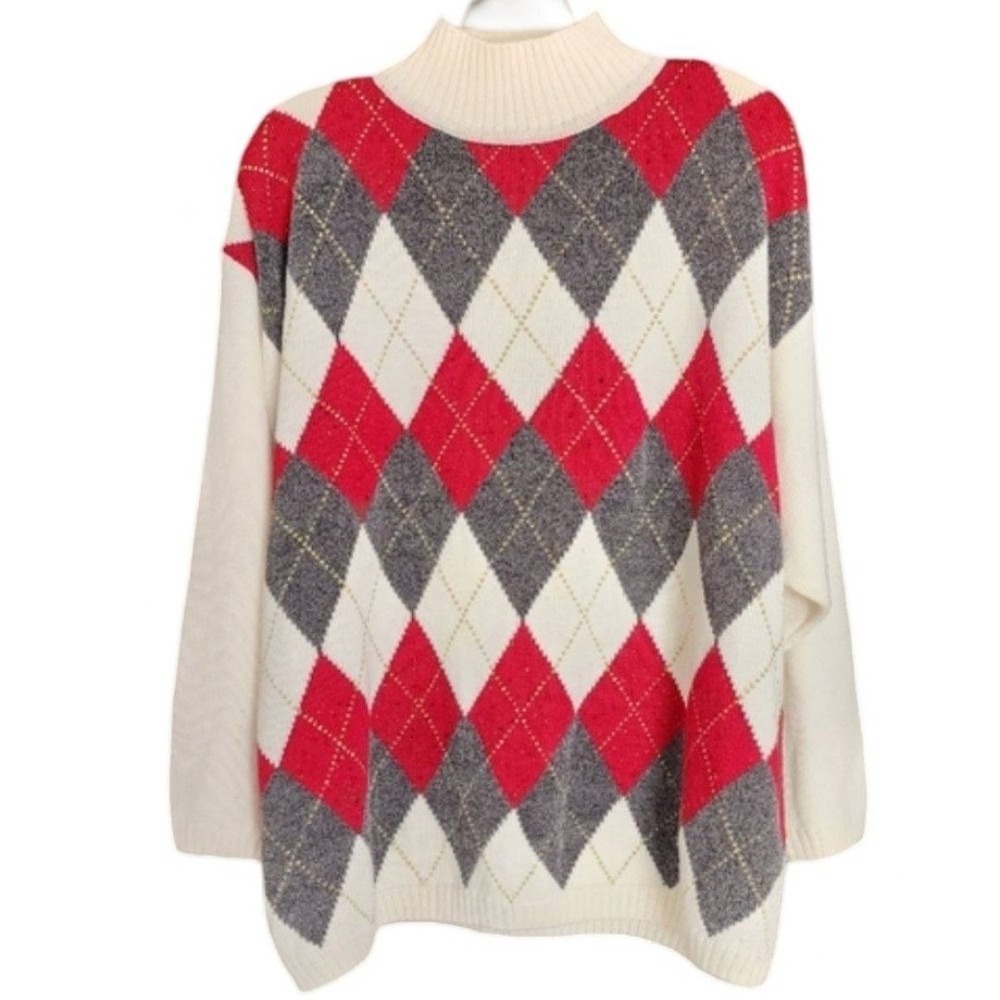 Dress Barn Woman Argyle Mock Neck Sweater Red Grey Cream Metallic Shimmer 3X